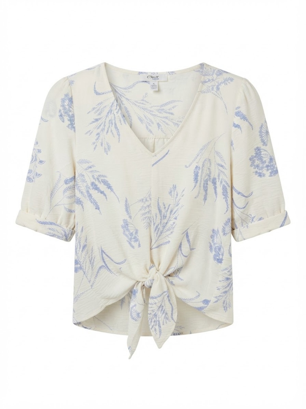 Tie-Front V-Neck Floral Blouse in Cream and Light Blue